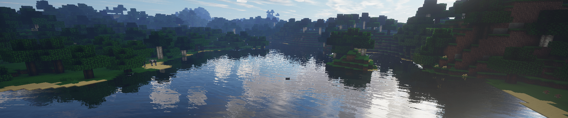 A lake surrounded by trees in Minecraft