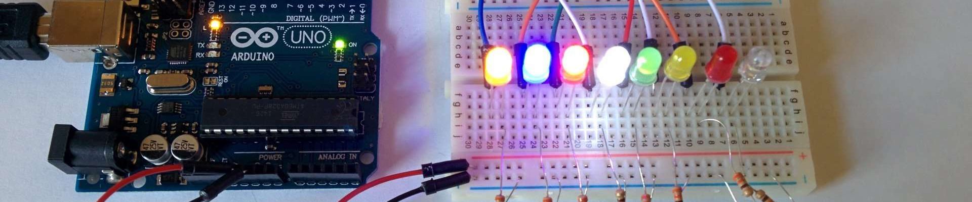 A circuit built using the Arduino platform and programmed to display lights made during Arduino camp