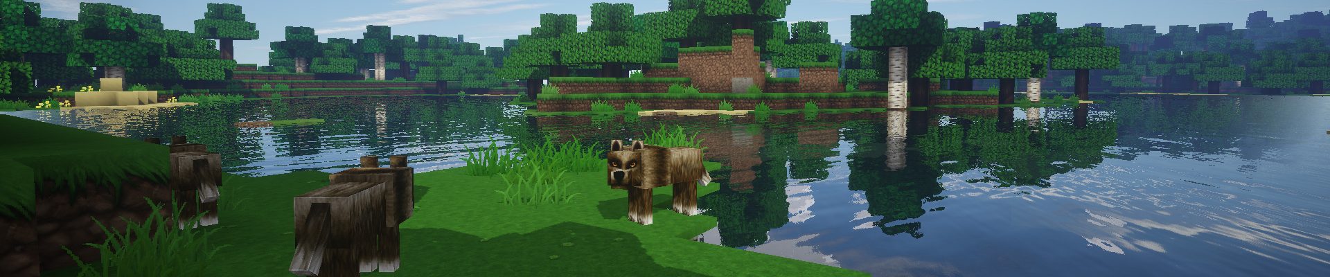 A lake and some wolves in Minecraft